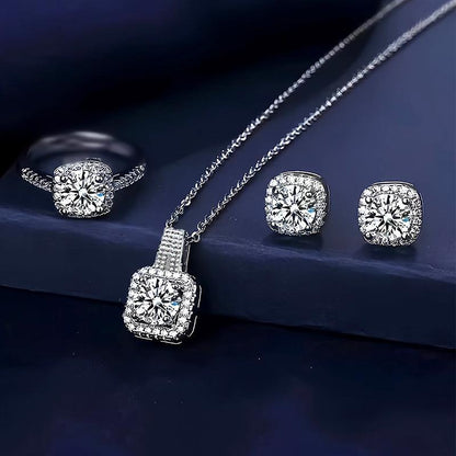 3 Pcs Silver Plated Square Design Crystal Jewelry Set for Women