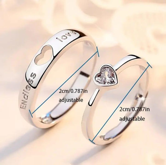 Love Heart Design Silver Plated Couple's Rings - 2 Pcs Adjustable Set